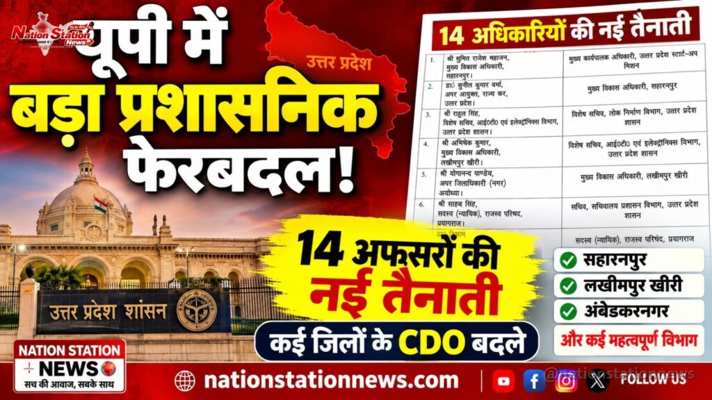 यूपी में बड़ा प्रशासनिक फेरबदल! 14 अफसरों की नई तैनाती, कई जिलों के CDO बदले